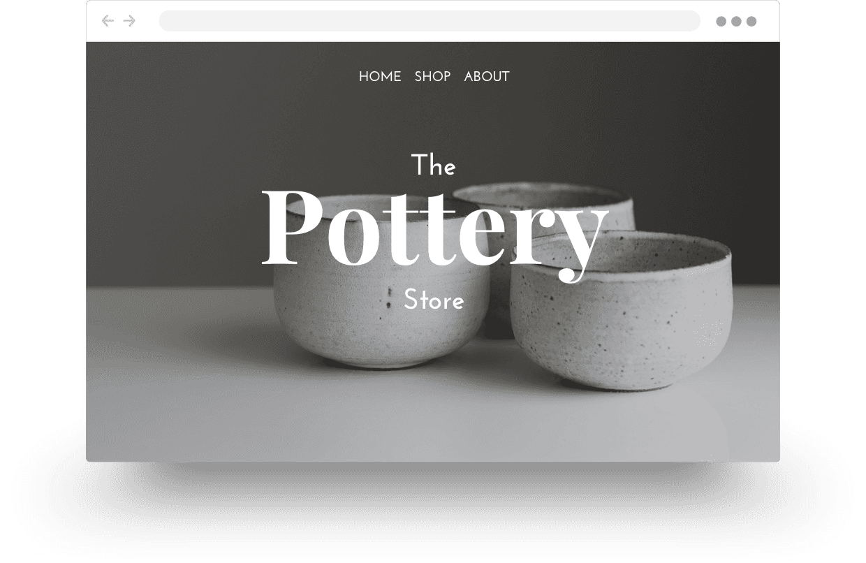Trois pots en céramique affichés sur une page web avec le texte 'The Pottery Store'.