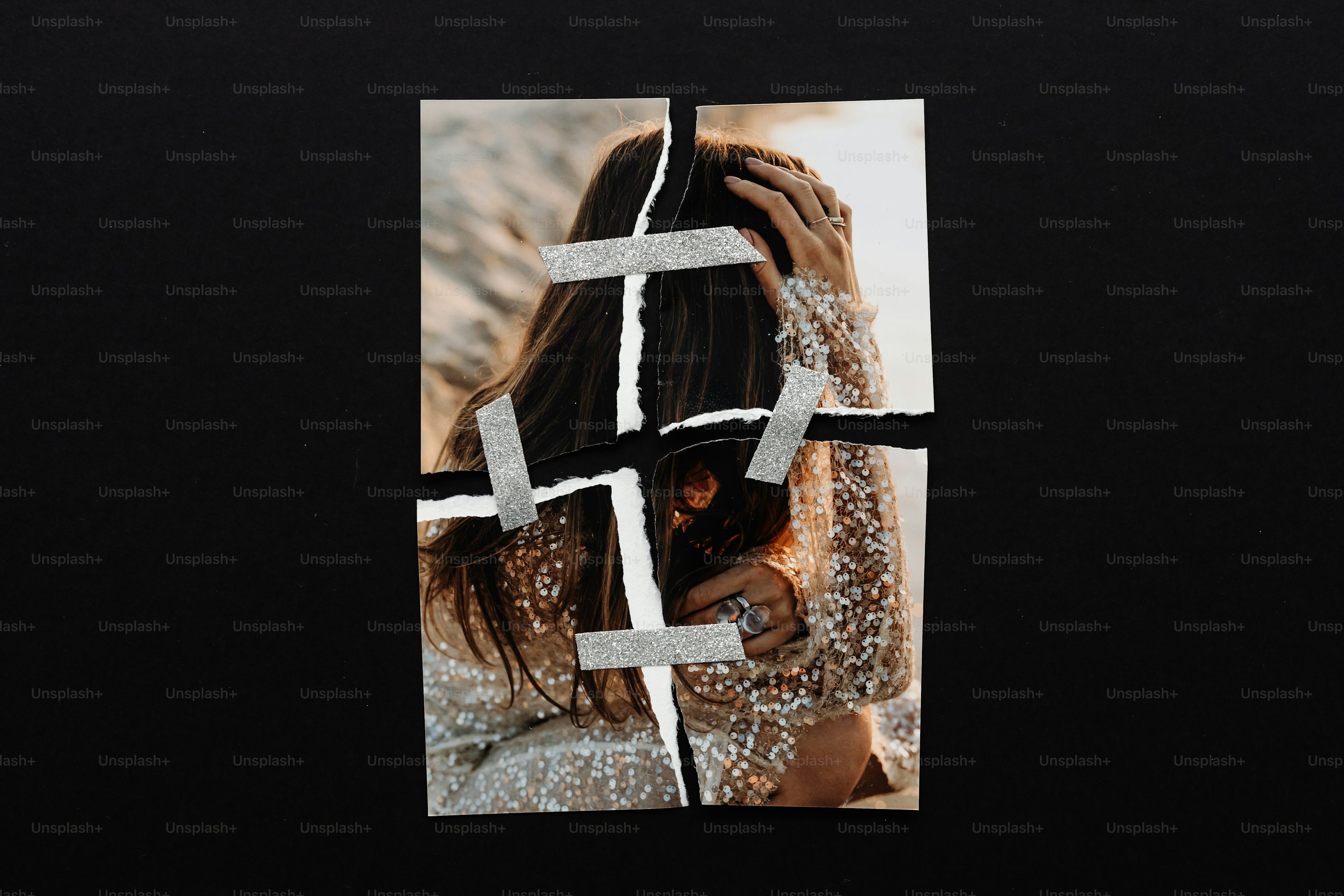 Photographie déchirée d’une femme scotchée ensemble